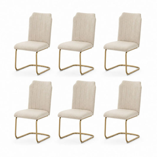 Ensemble de 6 chaises à manger rembourrées en tissu beige avec structure en traîneau en acier doré, 43 × 55 × 89 cm