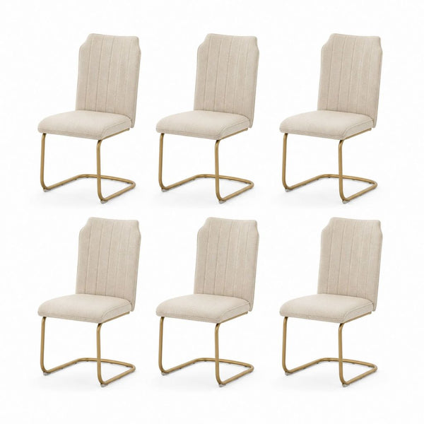 Ensemble de 6 chaises à manger rembourrées en tissu beige avec structure en traîneau en acier doré, 43 × 55 × 89 cm