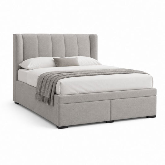 Lit double conteneur 160 × 200 cm en tissu gris clair avec tête de lit rembourrée et 2 tiroirs, 170 × 215 × 120 cm